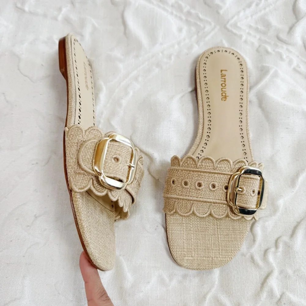 Larroudé Ivy Broderie Flat Sandal In Beige Raffia Size 6 New - Picture 6 of 11